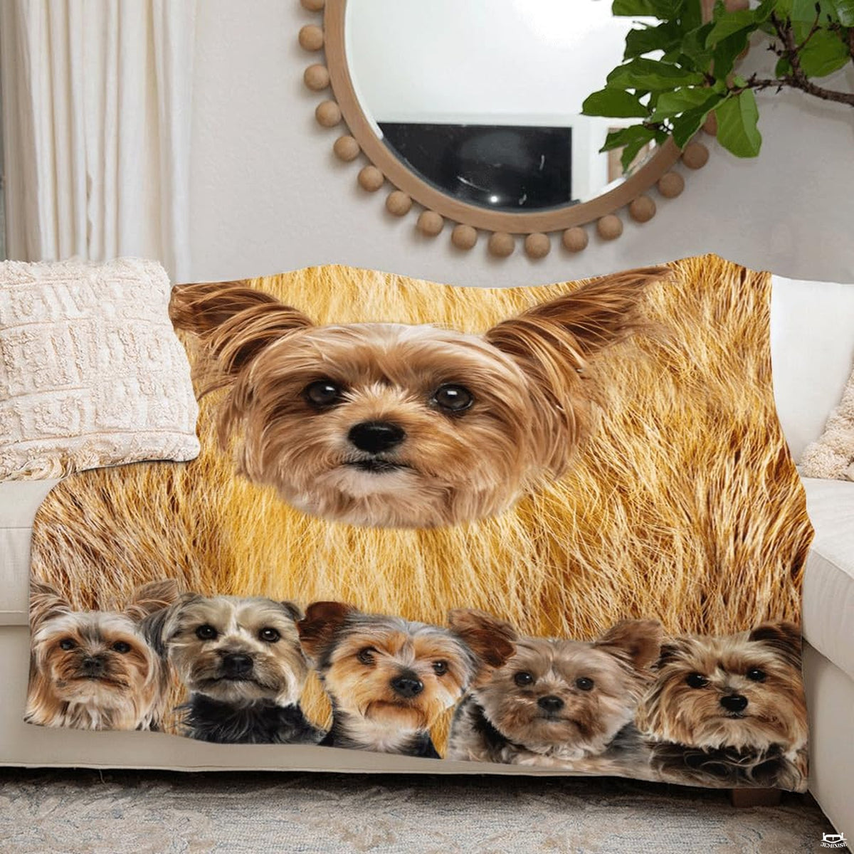 Overhead perspective of Yorkshire terrier artwork complementing contemporary room styling.