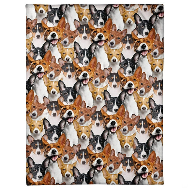 All-over pattern display showing a dense photo collage of smiling Basenji dog portraits.