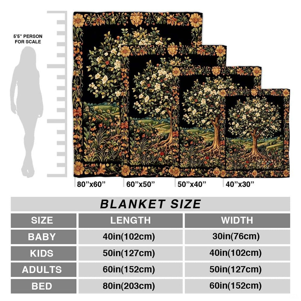 Full layout of medieval tapestry style Tree of Life botanical composition on Blanket.