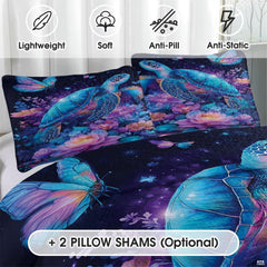 Close view of artistic turtle bedding set artwork highlighting glowing coral accents and graceful sea life.