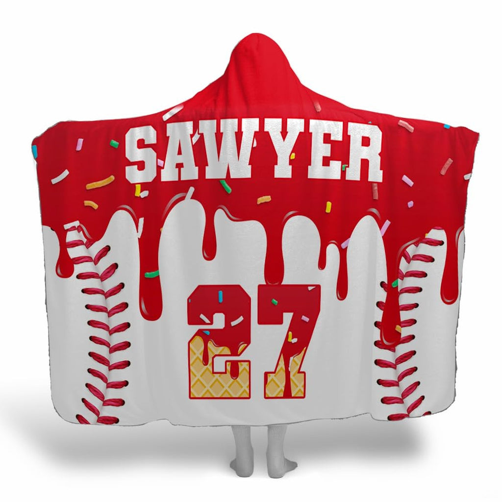 Melting red drip baseball hooded blanket worn by model
