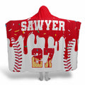Melting red drip baseball hooded blanket worn by model
