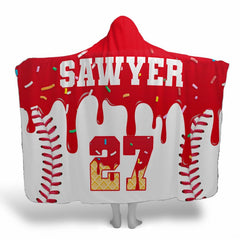 Melting red drip baseball hooded blanket worn by model