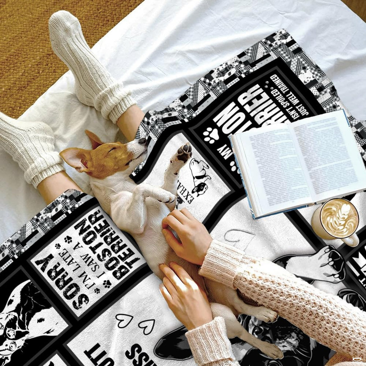 Stylized thematic accent thematic accent sketches and paw doodle graphics across black and white bedding display.