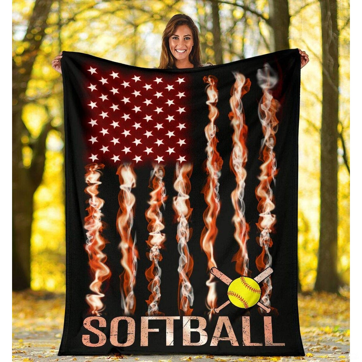 Model presenting the fiery flag design outdoors in bright sunny autumn park.