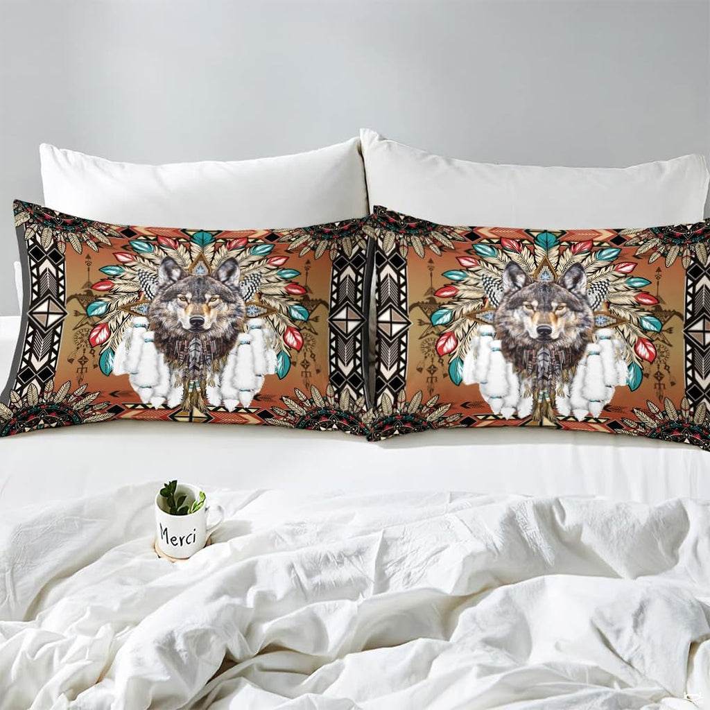 Close pillows with centered wolf, colored feather tips, and geometric borders
