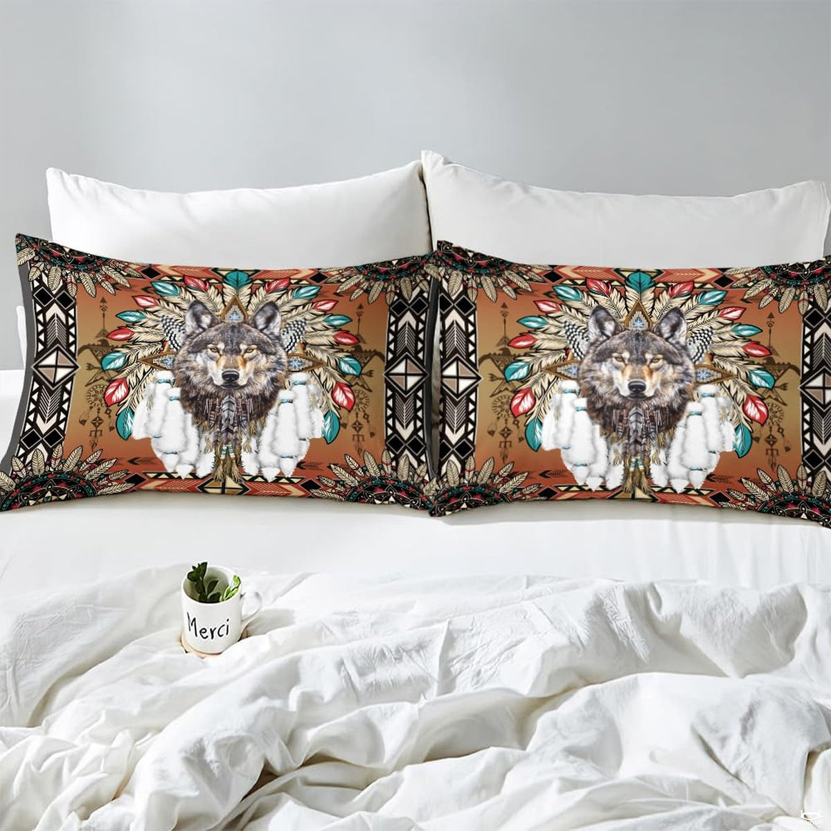 Close pillows with centered wolf, colored feather tips, and geometric borders