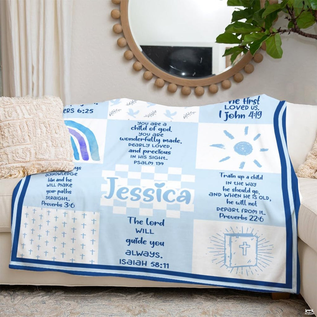 Blue scripture bible verses patchwork faith blanket showing rainbow and bible motif view 8