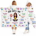 Christian faith affirmation hooded blanket featuring illustrated girl and watercolor floral garland on white