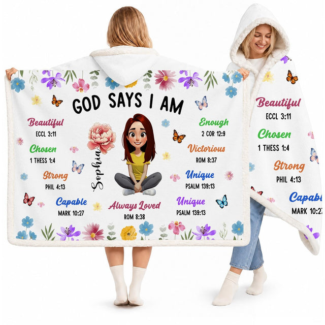 Christian faith affirmation hooded blanket featuring illustrated girl and watercolor floral garland on white