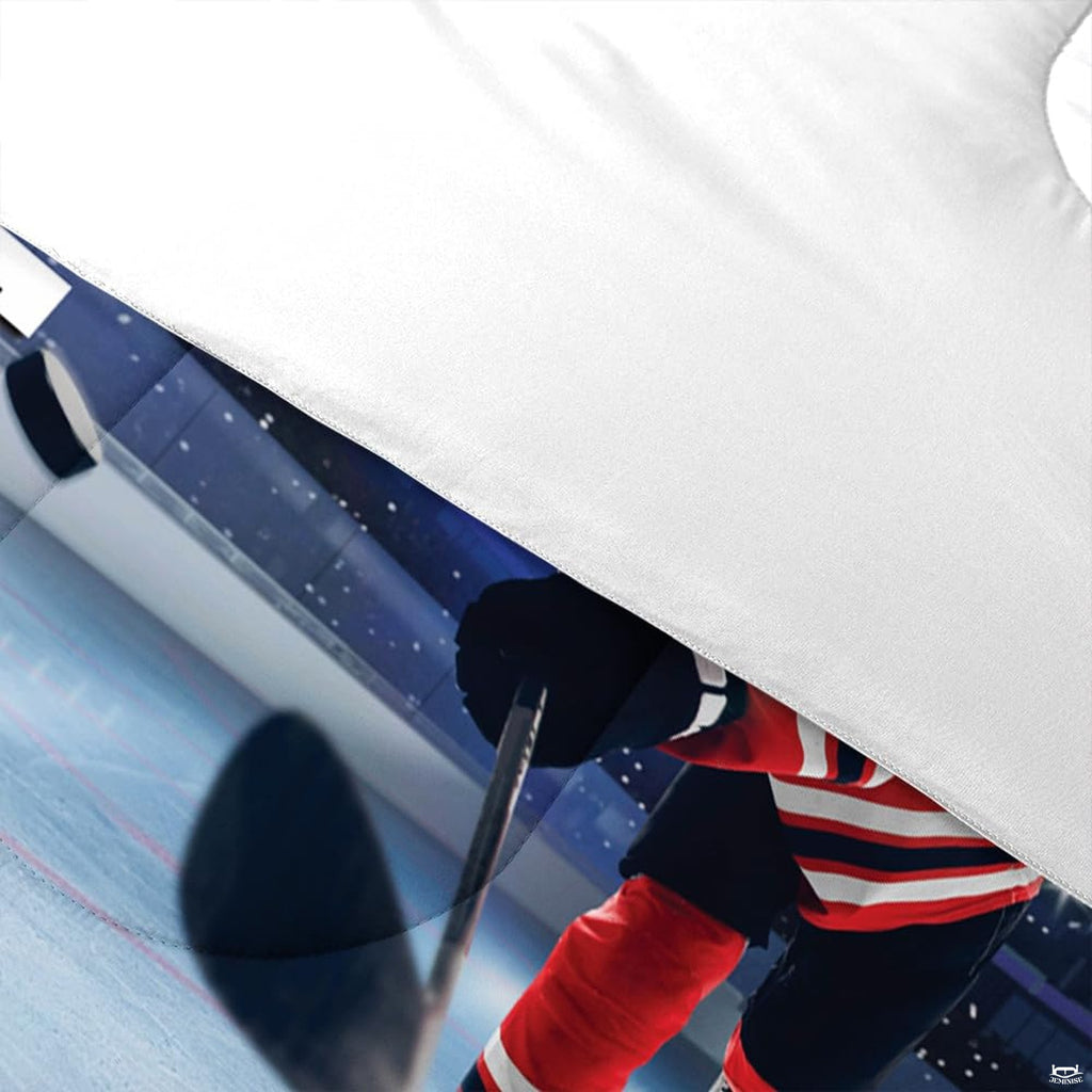 Folded presentation of ice hockey bedding displaying sharp graphic clarity in steel blue and navy tones