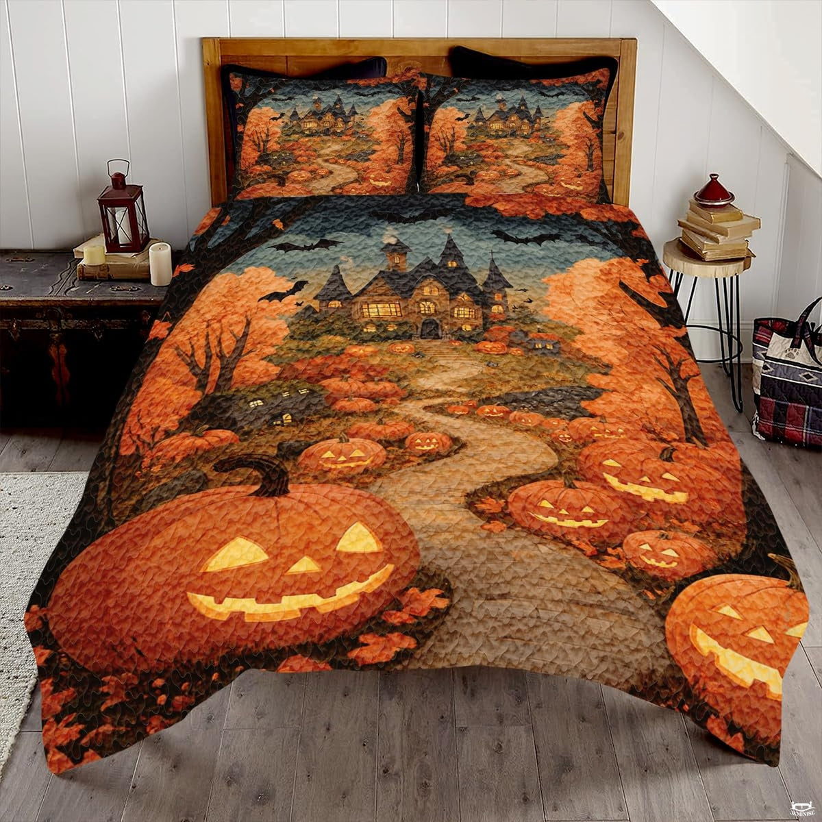 Haunted house pumpkin patch bedding featuring glowing jack-o-lanterns along a stone path to a gothic manor