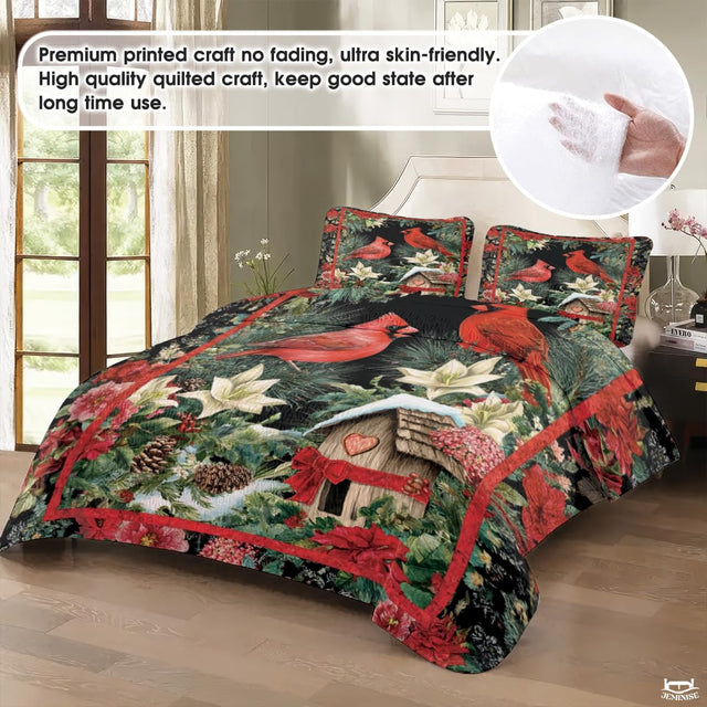 Christmas Cardinals Near Snowy Birdhouse Patchwork Floral Quilt