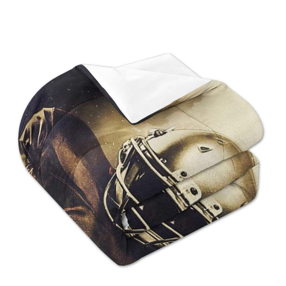 Overhead view of monochrome footballer bedding arranged neatly across an athletic youth bedroom mattress