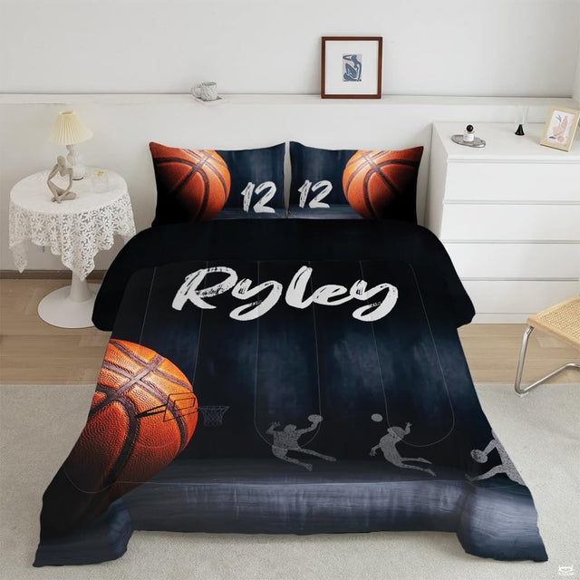 Monochrome grey basketball court sports bedding set displayed on a bed in an athletic bedroom