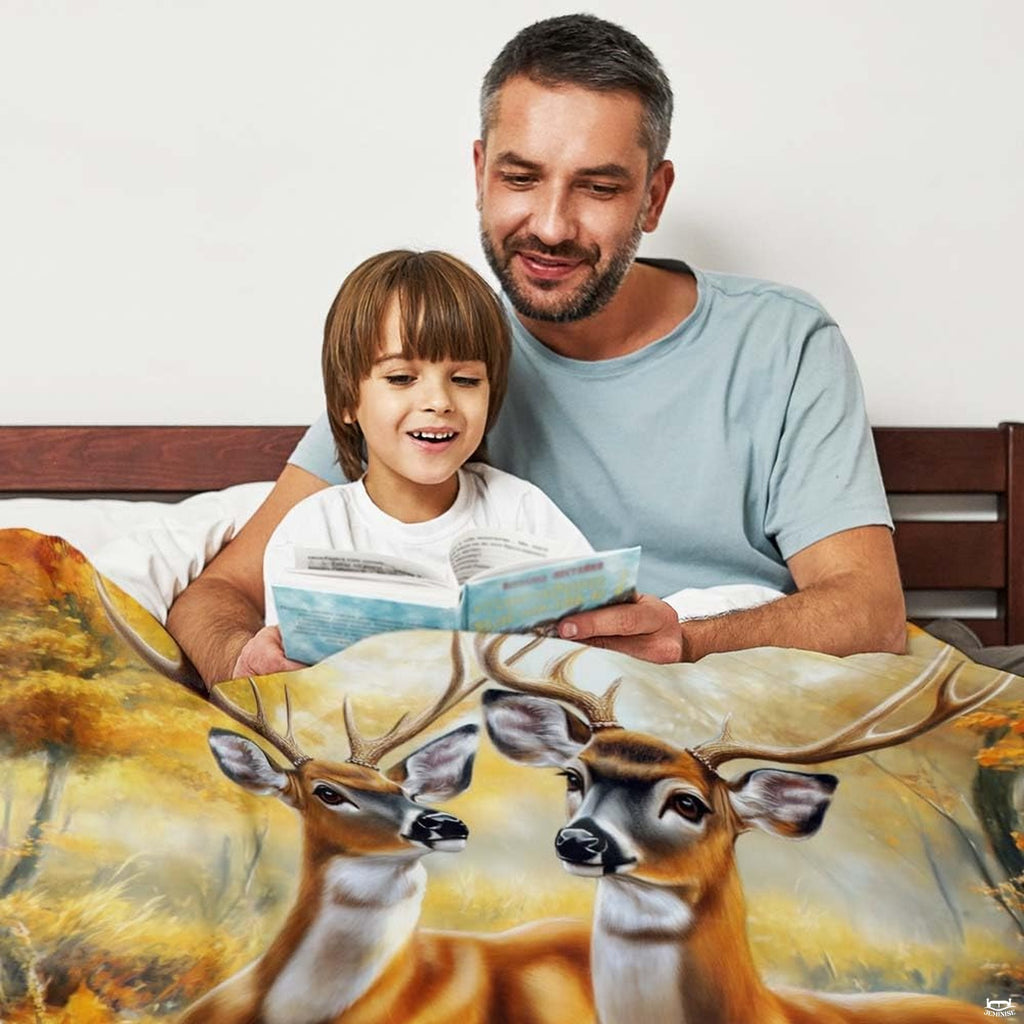 Whitetail deer bucks and fall harvest pumpkins illustrated on French country bedding nz design.