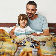 Whitetail deer bucks and fall harvest pumpkins illustrated on French country bedding nz design.