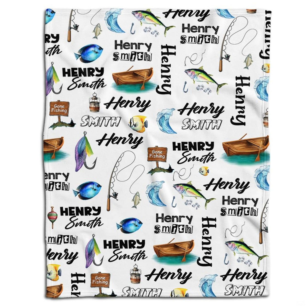 Lake angler rowboat tackle lures blanket flat lay on white background