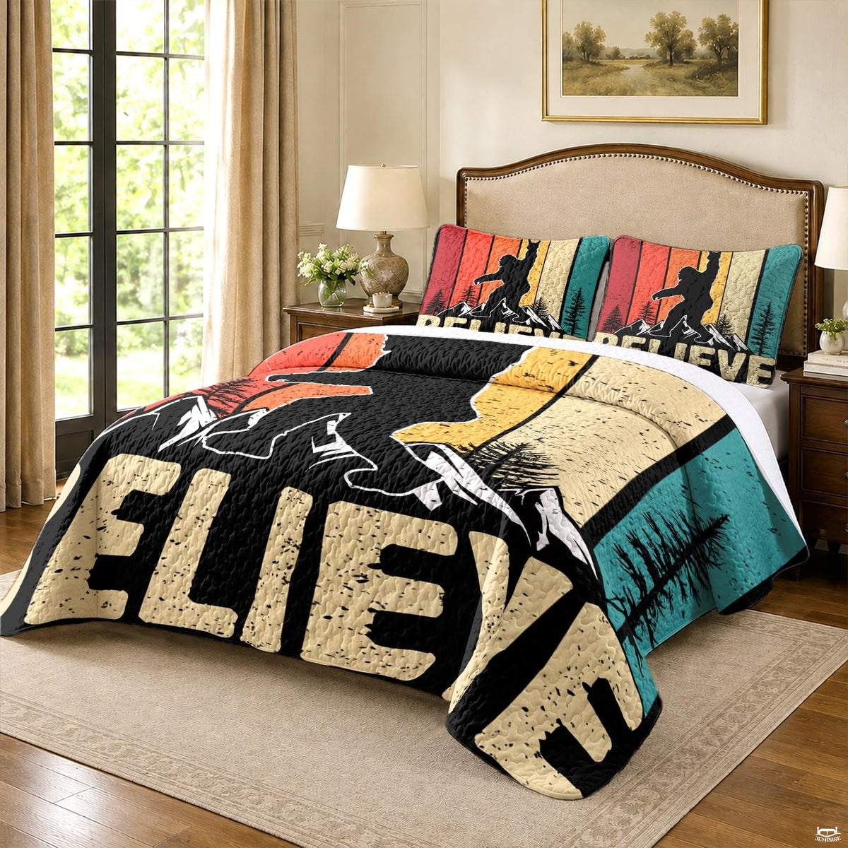 Mountain rustic bedroom bedding set showing Bigfoot silhouette against retro sunset stripes.