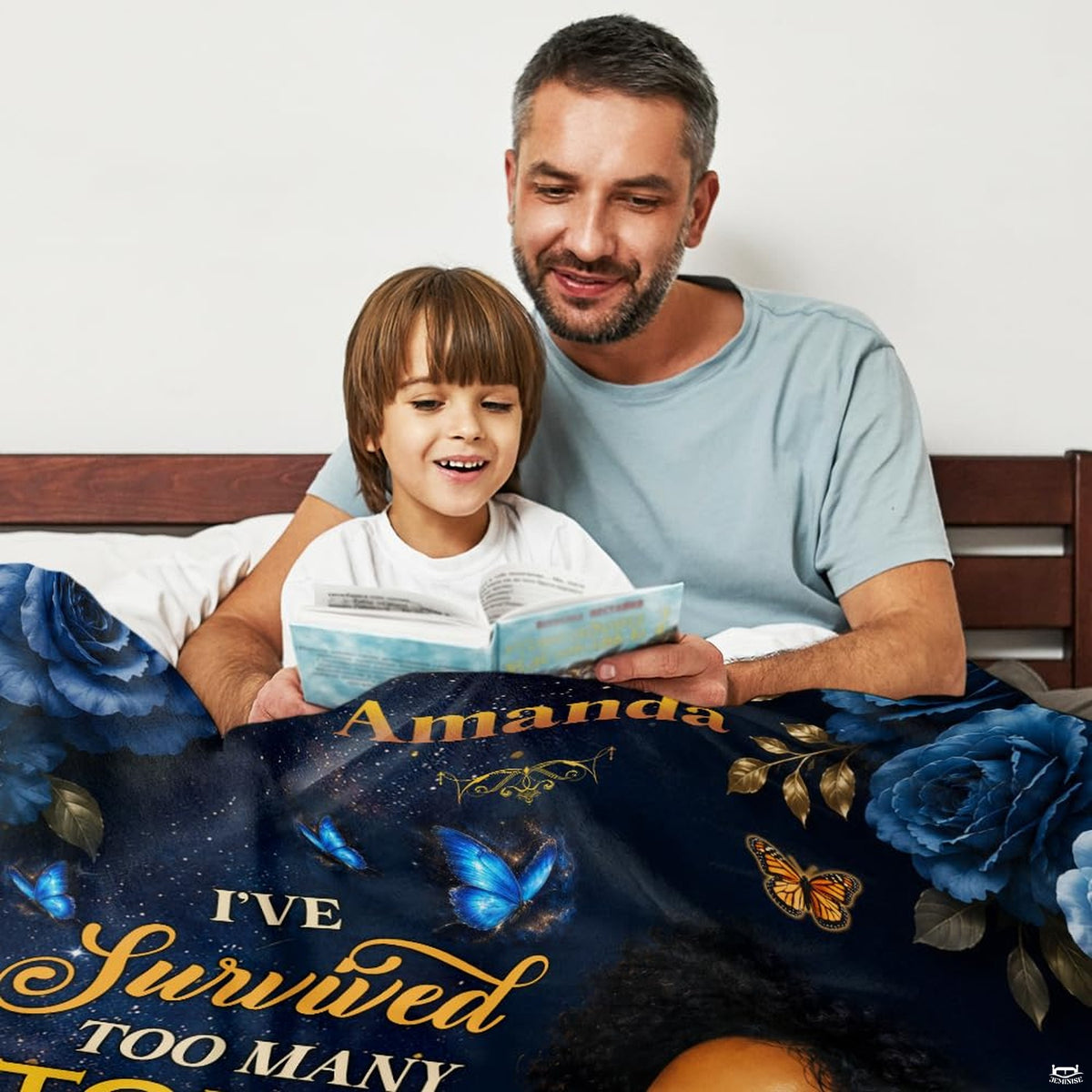 Overhead lifestyle scene showing the celestial woman portrait throw blanket spread out.
