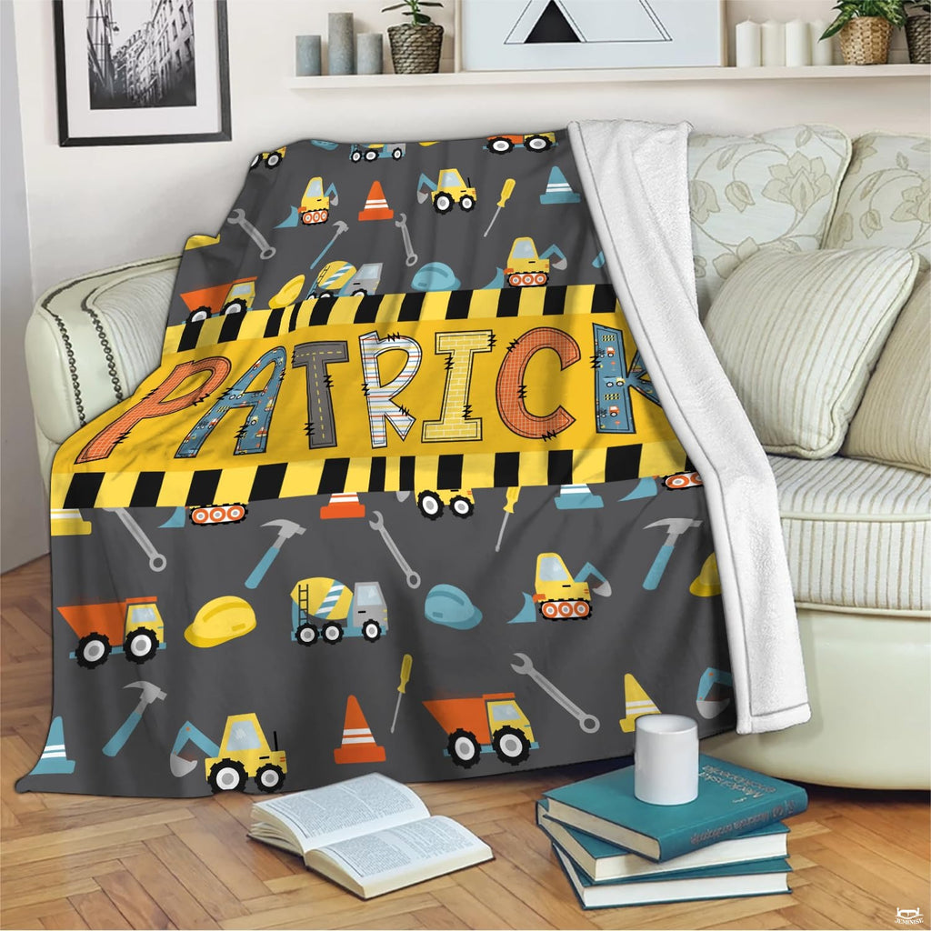 Construction dump trucks, excavators, and yellow caution stripe banner on grey background, view 2.