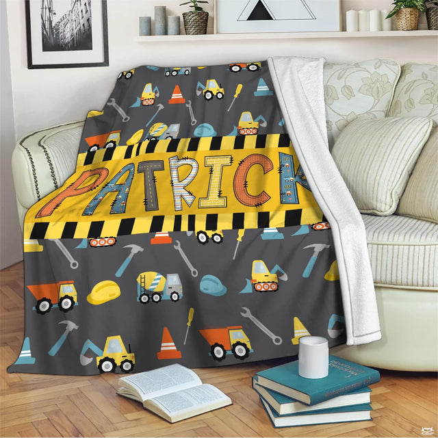 Construction dump trucks, excavators, and yellow caution stripe banner on grey background, view 2.