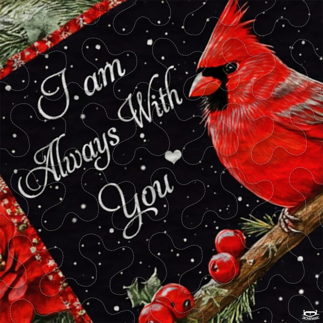 Christmas Cardinal on Branch Within Patchwork Winter Quilt
