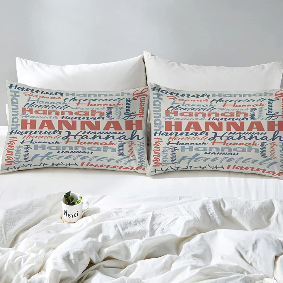 Bedroom decor staging featuring subway art collage bedding set paired with minimal decorative accents.