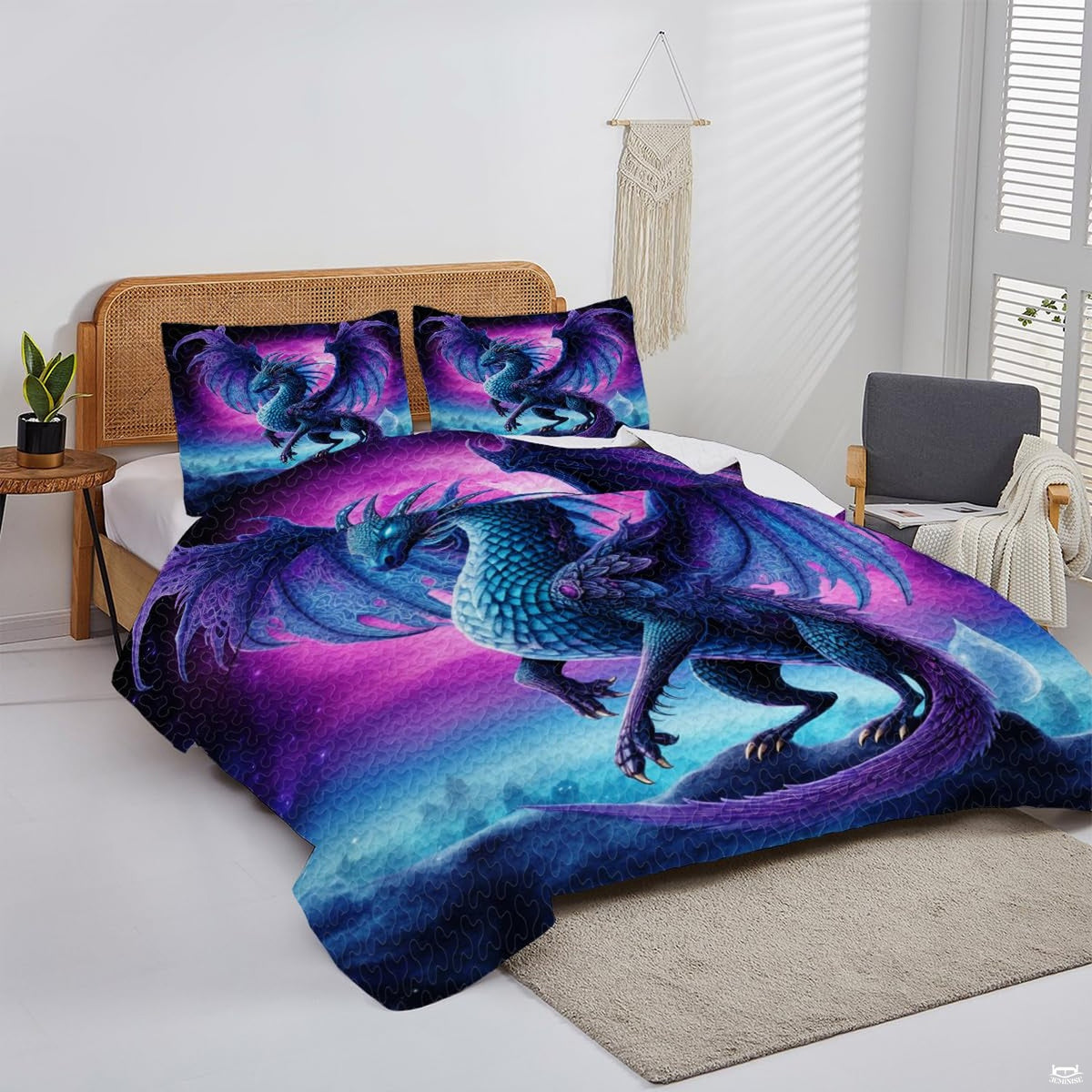 Fantasy dragon artwork in vivid blue and purple displayed in a bright bedroom