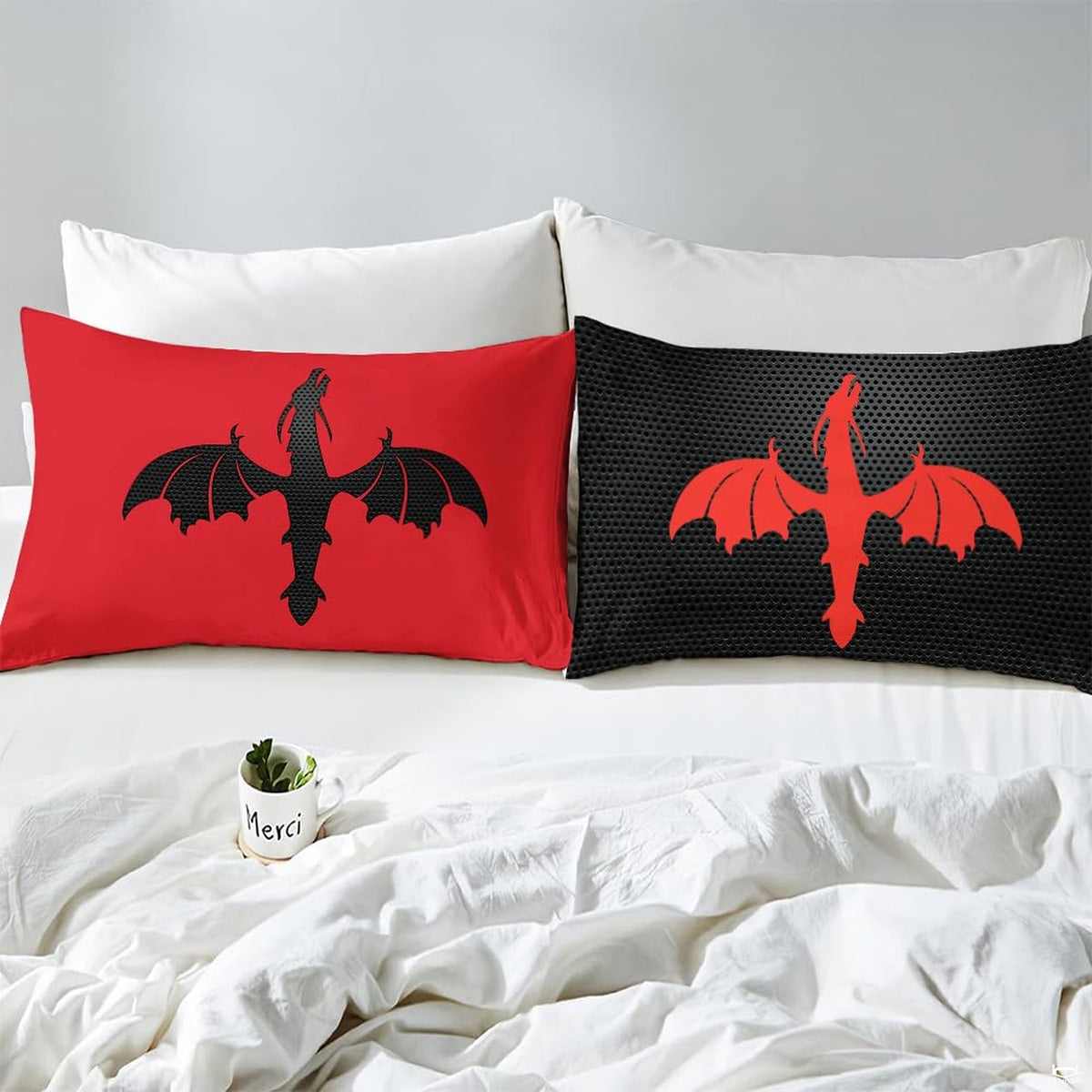 Stylized flying dragon silhouette accent matching a gothic black red bedroom theme.