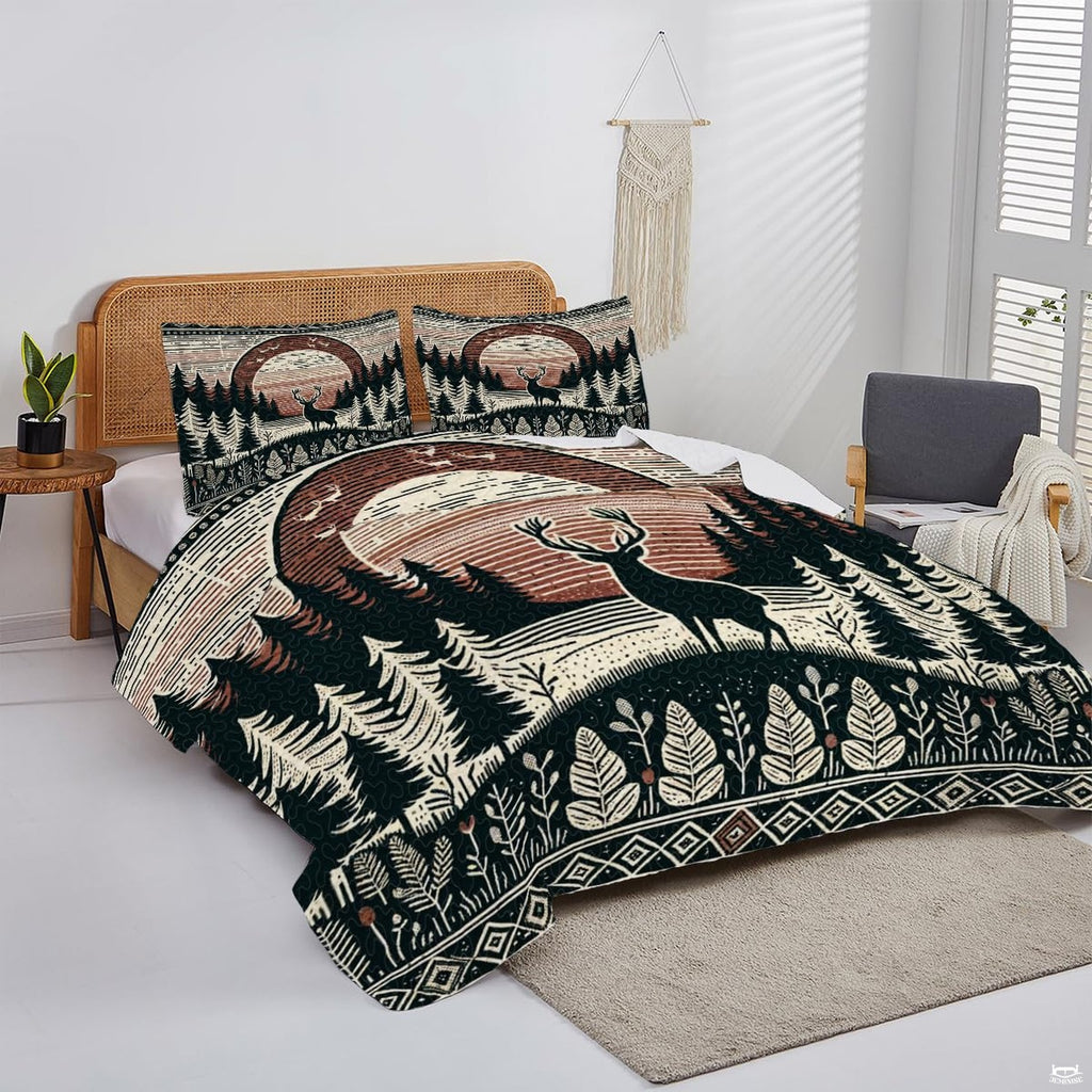 thematic accent terracotta copper and forest green palette showcasing woodland deer crib bedding landscape artwork.