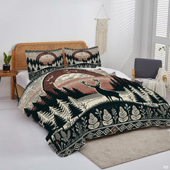 thematic accent terracotta copper and forest green palette showcasing woodland deer crib bedding landscape artwork.