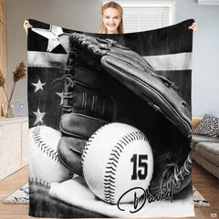 Black and white baseball flag throw blanket view 2 highlighting grayscale baseball mitt, flag, and room styling