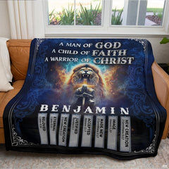 Cosmic lion and knight graphic blanket draped over sofa