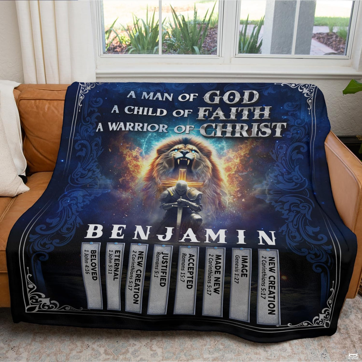 Cosmic lion and knight graphic blanket draped over sofa
