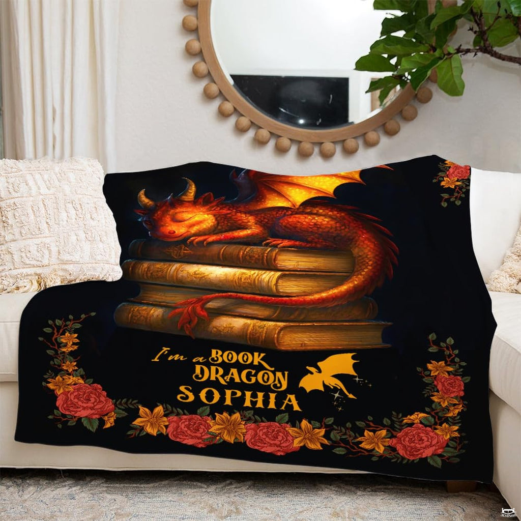 Sleeping book dragon antique books fantasy blanket showing curled baby dragon view 6
