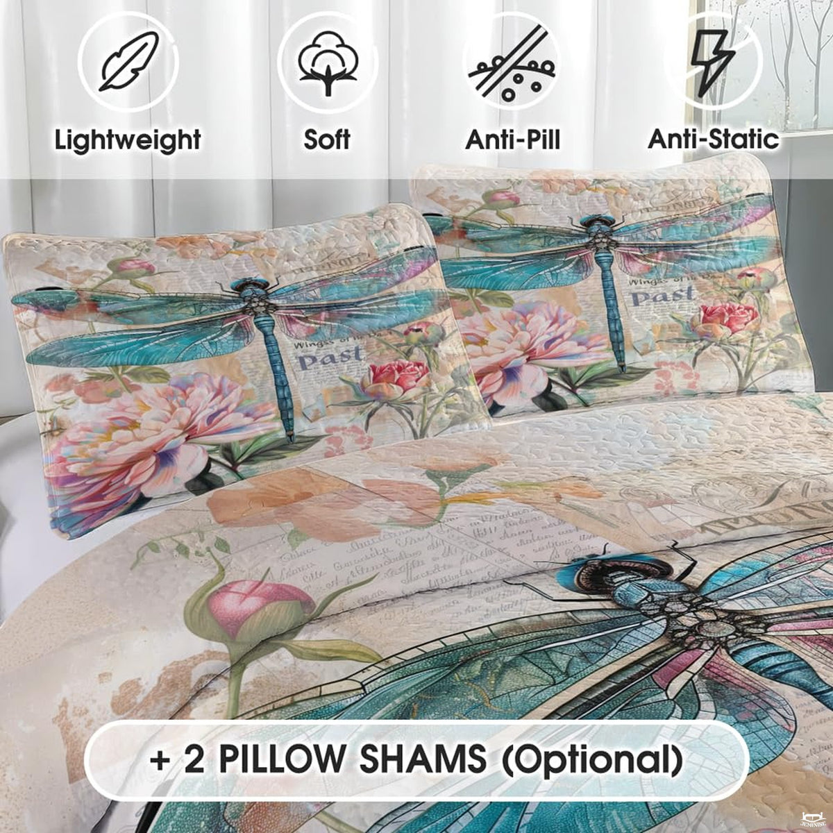 Close view of dragonfly and peony pillow artwork
