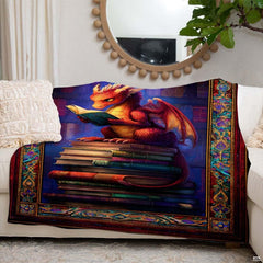 Gothic library art print on decorative bedding with vibrant sapphire and ruby framing.