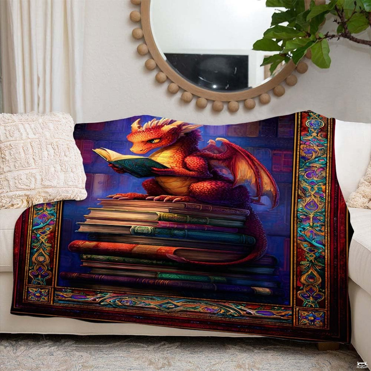 Gothic library art print on decorative bedding with vibrant sapphire and ruby framing.