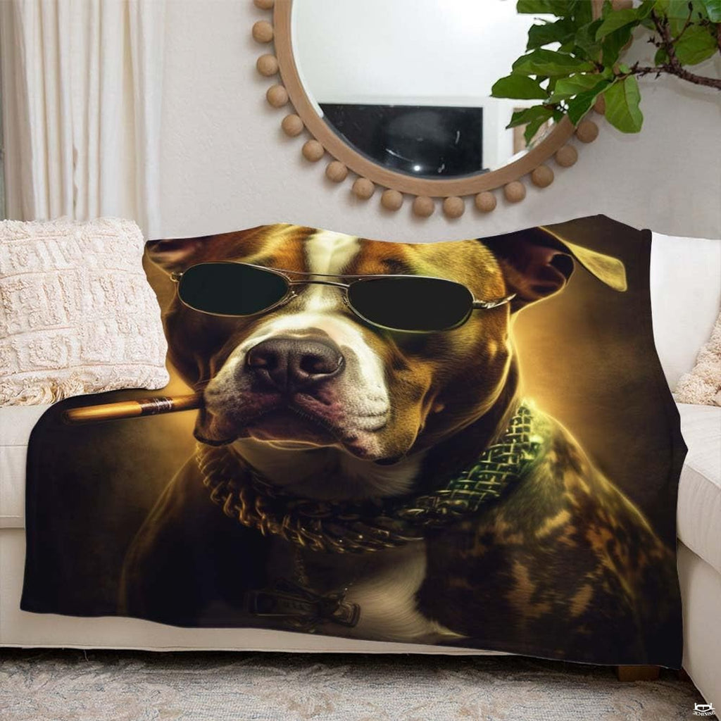 Urban canine bedding set motif highlighting rich brown and golden tones with an aviator-wearing pitbull portrait.