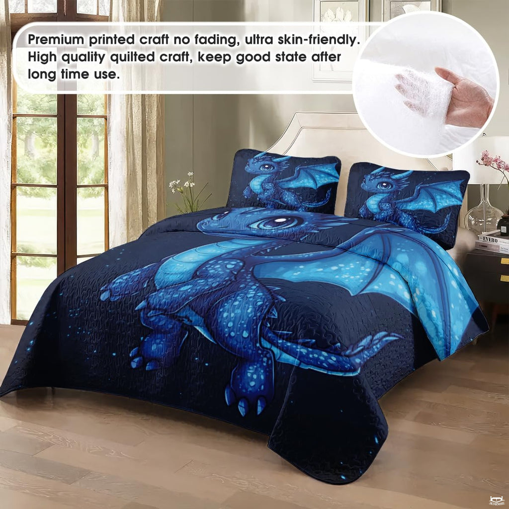 Angle view of blue dragon bedding highlighting outstretched membranous wings and celestial artwork.