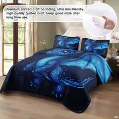 Angle view of blue dragon bedding highlighting outstretched membranous wings and celestial artwork.