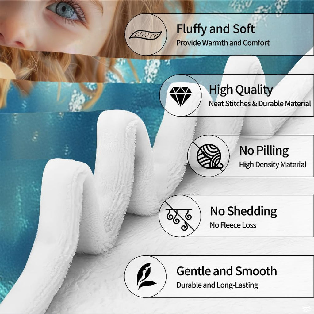 Infographic detailing plush fleece blanket texture, edge stitching, and fabric durability features.