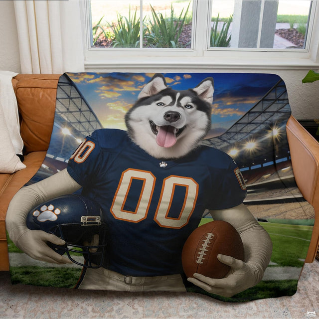 Husky football player in double zeros jersey on arena turf bedding artwork.