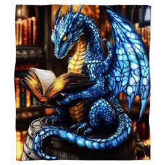 Full flat overhead view showing the complete blue sapphire dragon reading artwork composition.
