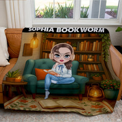 Personalized Cozy Room Sophia Bookworm Reading Girl Blanket - Book