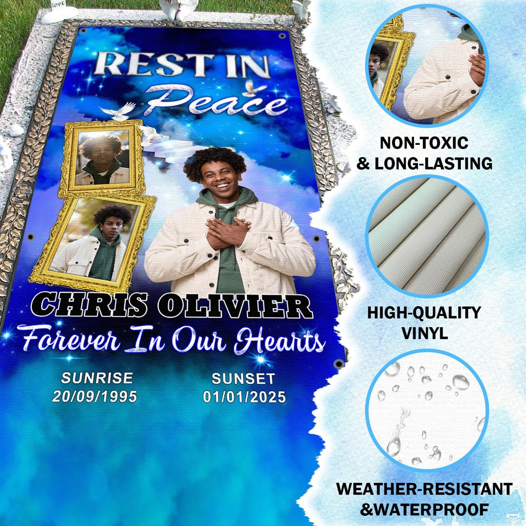 Close-up detail illustrating vibrant sapphire blue colors and white dove artwork on the blanket.