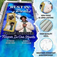 Close-up detail illustrating vibrant sapphire blue colors and white dove artwork on the blanket.