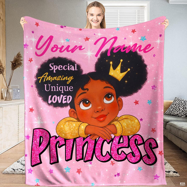 Little girl throw blanket featuring young girl with afro puffs and golden crown on pink background.