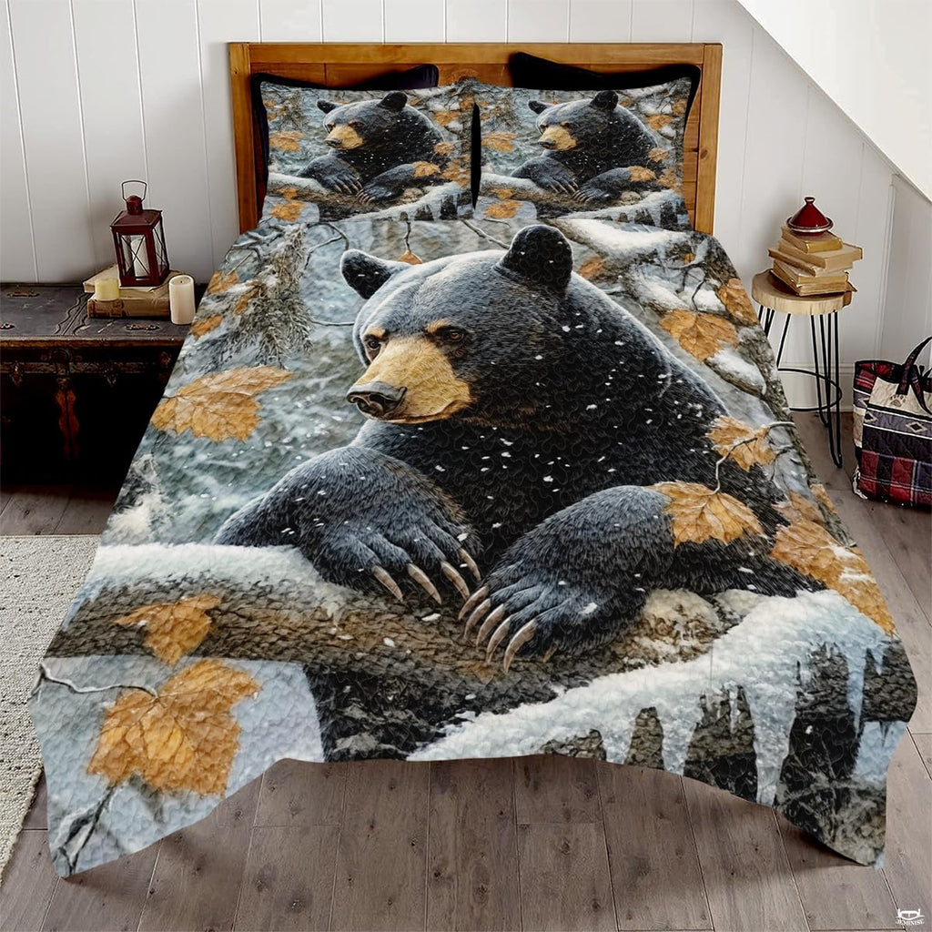 Majestic black bear bedding set showcasing winter forest artwork with snow and oak leaves.